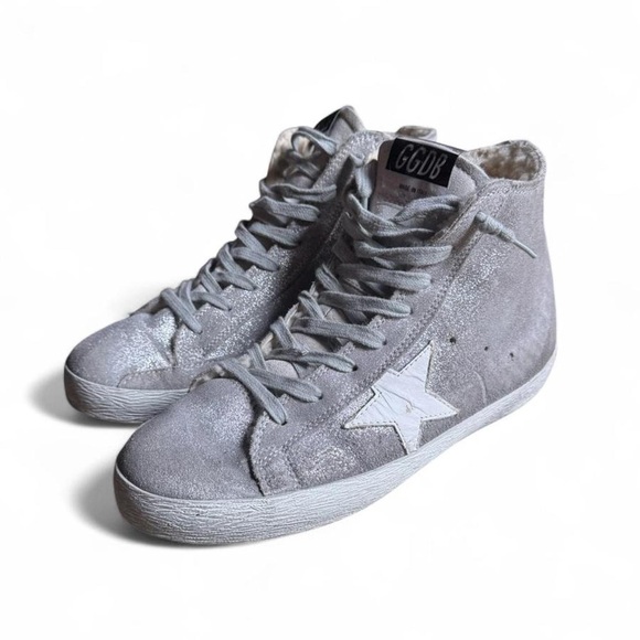 Golden goose gray leather high top sparkle high top sneakers with shearling 38